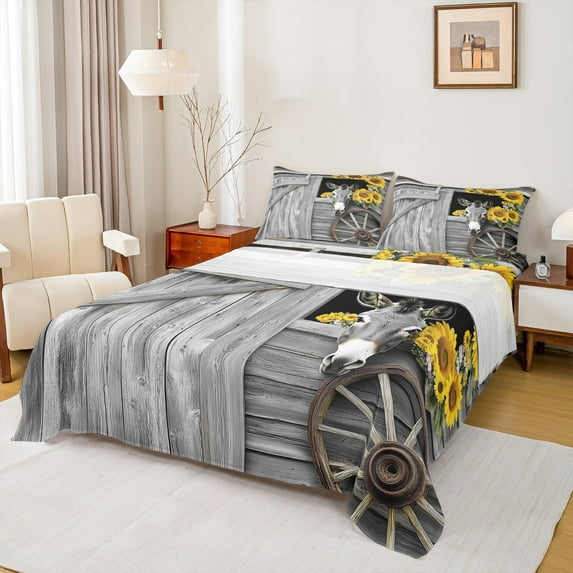 Castle Fairy Farmhouse Donkey Full Size Sheets 4-Piece for Boys Girls,Rustic Cottage Cabin Breathable Bed Sheets,Floral Sunflowers Lightweight Sheet Sets,Breathable Home Decor