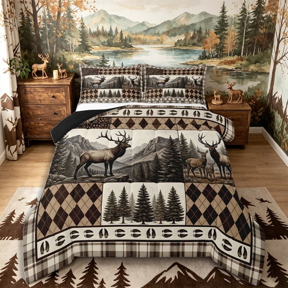 Castle Fairy Farmhouse Plaid Patchwork Deer Full Size Comforter Sets 3-Piece,Mountain Pinecone Deer Hoof Print Bedding Comforter Set,Brown Beige Black,Black Reversible,1 Comforter and 2 Pillowcases