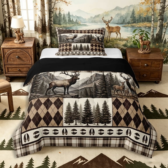 Castle Fairy Farmhouse Plaid Patchwork Deer Twin Comforter Sets 2pcs,Mountain Pinecone Deer Hoof Print Bedding Set,Brown Beige Black,Black Reversible,1 Comforter and 1 Pillowcase