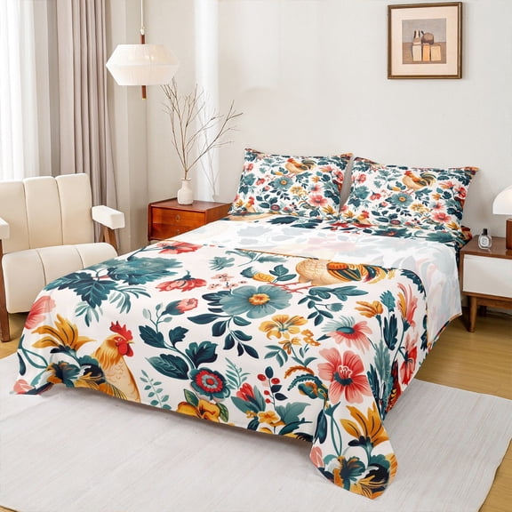 Castle Fairy Farmhouse Rooster 4-Piece Bed Sheet Set, King Size, Rustic Animal, Chic Flower