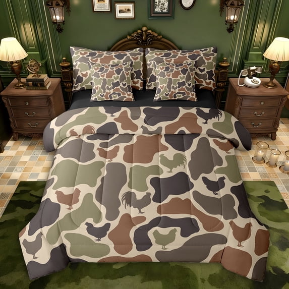 Castle Fairy Farmhouse Rooster Bedding Comforter Set,Vintage CamouflageKing Bedding Sets