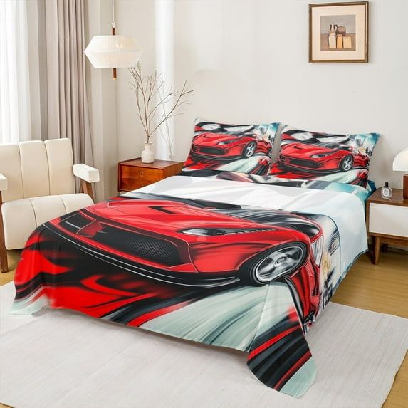 Castle Fairy Fast Car 4 Pieces Queen Sheet Sets,Green Grey Ultra Soft Flat Sheet,Extreme Sport Queen Fitted Sheet,Luxury Boys Bedroom Decor