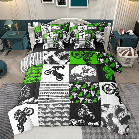 Castle Fairy Fast Motorbike Dirt Bike Bedding Comforter Set 7-Piece for Kids Teenagers Adults,Extreme Speed Sport King Bedding Sets,Retro Motorcycle Vintage Geometric Plaid Ultra Soft Bed Sheets