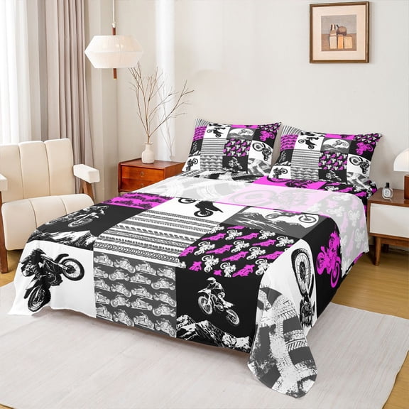 Castle Fairy Fast Motorbike Dirt Bike Twin Sheet Sets 3pcs for Kids Teenagers Adults,Extreme Speed Sport Twin Fitted Sheet Microfiber,Retro Motorcycle Vintage Geometric Plaid Breathable Flat Sheet
