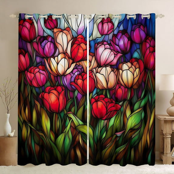 Castle Fairy Female Girls Chic Floral Tulip Curtains Pack of 2 (42x84 Each),Spring Garden Curtains Blackout,Colorful Flowers Bedroom Curtains,Super Cozy Room Decor
