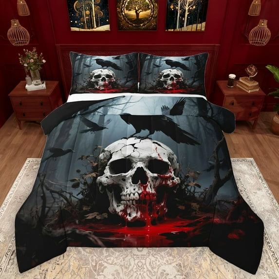 Castle Fairy Female Men Abstract Gothic Skull 3 Pieces Queen Comforter Set,Animal Black Crow Ultra Soft Bedding Sets,Exotic Style Bedding Comforter Set Breathable,Lightweight Room Decor,Reversible