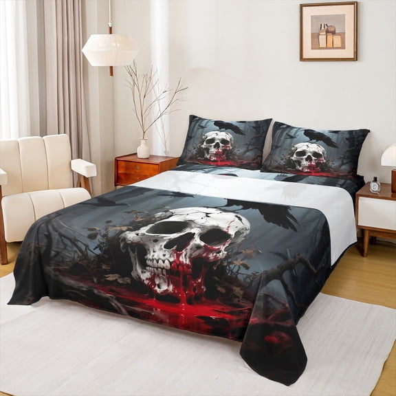 Castle Fairy Female Men Abstract Gothic Skull 4 Pieces Queen Sheet Sets,Animal Black Crow Ultra Soft Flat Sheet,Exotic Style Queen Fitted Sheet,Lightweight Room Decor