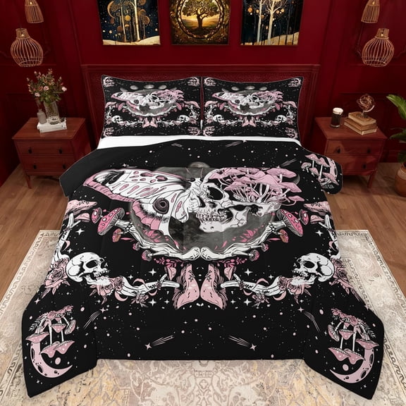 Castle Fairy Female Men Abstract Moth Skull Bedding Comforter Set 2pcs,Gothic Style Twin Comforter Sets Microfiber,Botanical Mushroom Galaxy Breathable Bedding Set,Lightweight Room Decor,Reversible