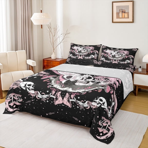 Castle Fairy Female Men Abstract Moth Skull Full Size Sheets 4-Piece,Gothic Style Breathable Bed Sheets,Botanical Mushroom Galaxy Lightweight Sheet Sets,Lightweight Room Decor