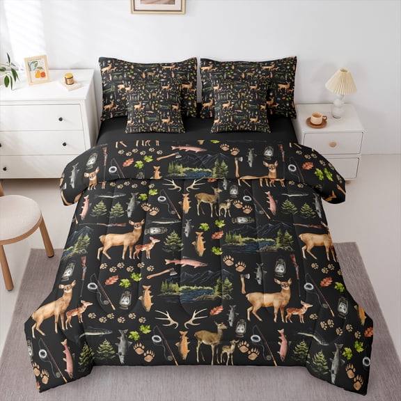 Castle Fairy Female Men Adults Animal Deer Twin Bedding Sets 7-Piece,Happy Camping Bedding Comforter Set Microfiber,Fishing And Hunting Breathable Sheet Sets,Lightweight Room Decor,Reversible