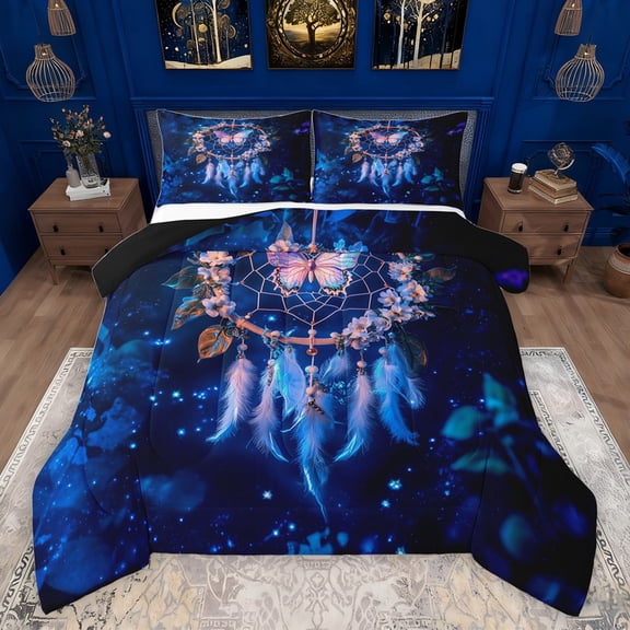 Castle Fairy Female Men Adults Bohemian Feather Dreamcatcher 3 Pieces Queen Comforter Set,Floral Flowers Butterfly Ultra Soft Bedding Sets,Exotic Style Bedding Comforter Set Breathable