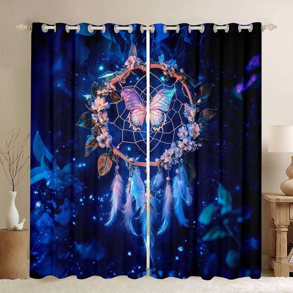 Castle Fairy Female Men Adults Bohemian Feather Dreamcatcher Black Out Curtains,Floral Flowers Butterfly Curtains Pack of 2 (42x63 Each),Exotic Style Bedroom Curtains,Ultra Soft Home Decor