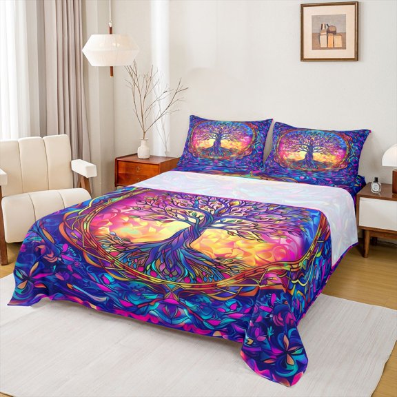 Castle Fairy Female Men Adults Bohemian Tree Of Life Twin Sheet Sets 3pcs,Abstract Colorful Plants Twin Fitted Sheet Microfiber,Exotic Style Breathable Flat Sheet,Ultra Soft Home Decor