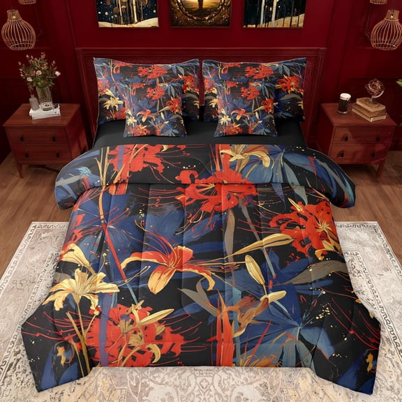 Castle Fairy Female Men Adults Chic Floral Red Spider Lily Bedding Comforter Set 7pcs,Exotic Style Queen Bedding Sets Super Cozy,Japanese Style Queen Sheet Sets,Super Cozy Room Decor,Reversible