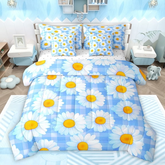 Castle Fairy Female Men Adults Chic Flowers Daisy Bedding Comforter Set 7 Pieces,Spring Garden Full Bedding Set Lightweight,Blue White Plaid Fitted Sheet Flat Sheet,Luxury Bedroom Decor,Reversible