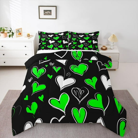Castle Fairy Female Men Adults Cute Love Heart Twin Comforter Sets,Black Green Bedding Set