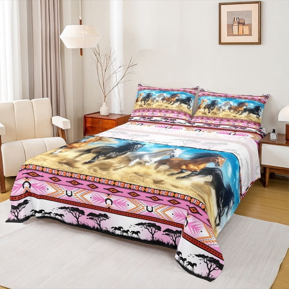 Castle Fairy Female Men Adults Farm Horse Twin Sheet Sets,Boho Tribal Aztec Bedding