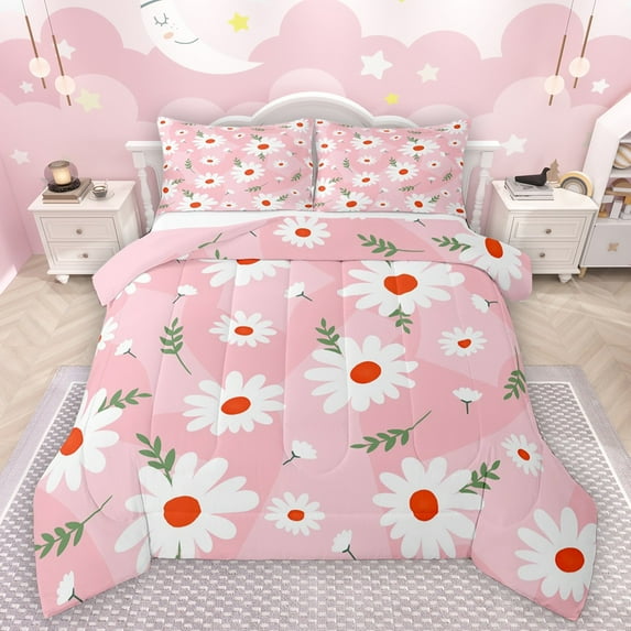 Castle Fairy Female Men Adults Kawaii Flowers Full Size Comforter Sets 3-Piece,Spring Garden Bedding Comforter Set,Floral Daisy Lightweight Bedding Sets,Luxury Bedroom Decor,Reversible