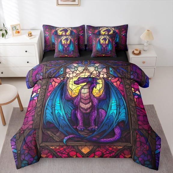 Castle Fairy Female Men Adults Magical Dragon Bedding Comforter Set 7 Pieces,Exotic Style Full Bedding Set Lightweight,Abstract Animal Fitted Sheet Flat Sheet,Super Cozy Room Decor,Reversible