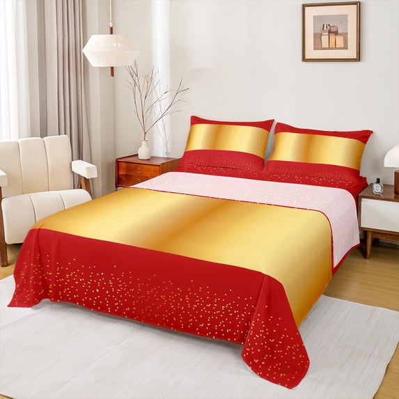 Castle Fairy Female Men Adults Minimalist Wide Stripes 4 Pieces Queen Sheet Sets,Mid Century Red Golden Ultra Soft Flat Sheet,Geometric Polka Dots Queen Fitted Sheet,Microfiber Bedroom Decor