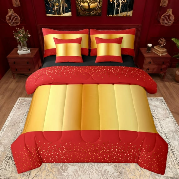 Castle Fairy Female Men Adults Minimalist Wide Stripes Twin Bedding Sets 7-Piece,Mid Century Red Golden Bedding Comforter Set Microfiber,Geometric Polka Dots Breathable Sheet Sets