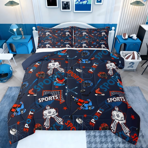 Castle Fairy Female Men Adults Sports Ice Hockey Bedding Comforter Set 2pcs,Ball Gamer Twin Comforter Sets Microfiber,Blue Red Breathable Bedding Set,Microfiber Bedroom Decor,Reversible