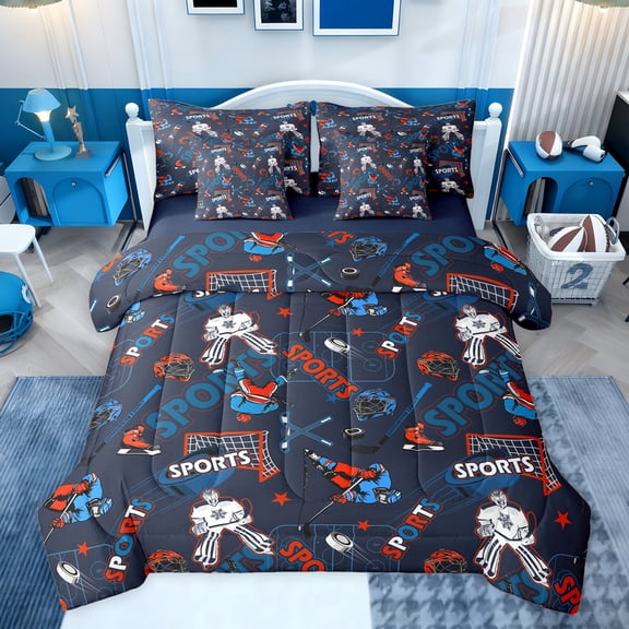 Castle Fairy Female Men Adults Sports Ice Hockey Twin Bedding Sets 7-Piece,Ball Gamer Bedding Comforter Set Microfiber,Blue Red Breathable Sheet Sets,Microfiber Bedroom Decor,Reversible