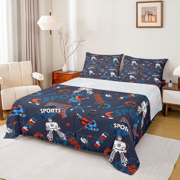 Castle Fairy Female Men Adults Sports Ice Hockey Twin Sheet Sets 3pcs,Ball Gamer Twin Fitted Sheet Microfiber,Blue Red Breathable Flat Sheet,Microfiber Bedroom Decor