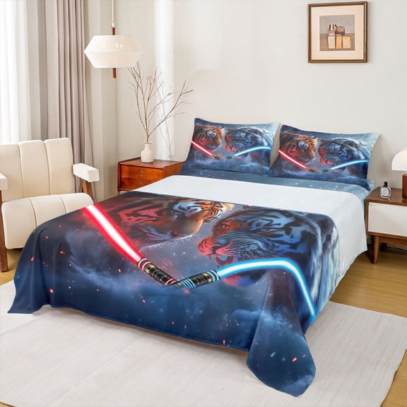 Castle Fairy Female Men Adults Tiger Animal Twin Sheet Sets 3pcs,Neon Light Lightsaber Twin Fitted Sheet Microfiber,Video Game Breathable Flat Sheet,Super Cozy Room Decor