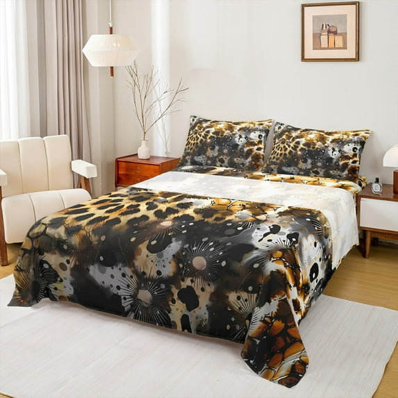 Castle Fairy Female Men Animal Cheetah Print Twin Sheet Sets 3pcs,Vintage Aesthetic Twin Fitted Sheet Microfiber,Abstract Retro Breathable Flat Sheet,Lightweight Room Decor