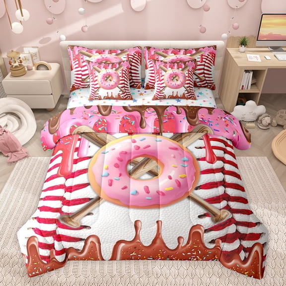 Castle Fairy Female Men Baseball Gamer Bedding Comforter Set 7pcs,Dessert Donut Queen Bedding Sets Super Cozy,Sport Theme Queen Sheet Sets,Lightweight Room Decor,Reversible