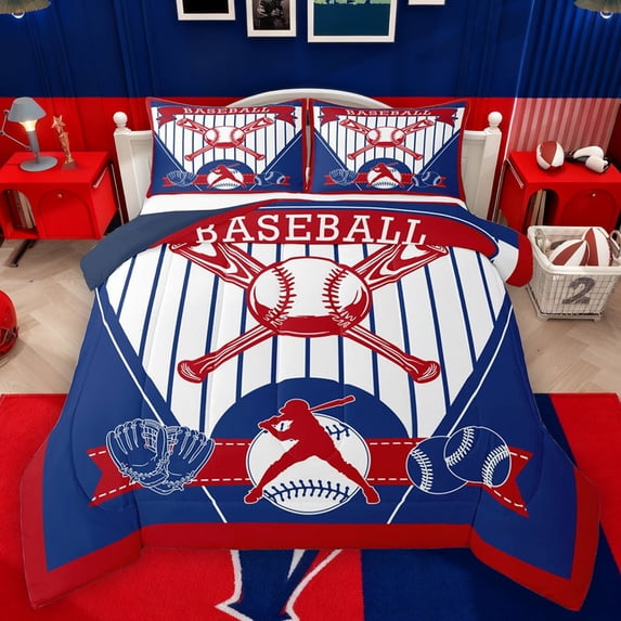 Castle Fairy Female Men Baseball Gamer Full Size Comforter Sets 3-Piece,Sport Gamer Bedding Comforter Set,Blue Red Lightweight Bedding Sets,Breathable Home Decor,Reversible