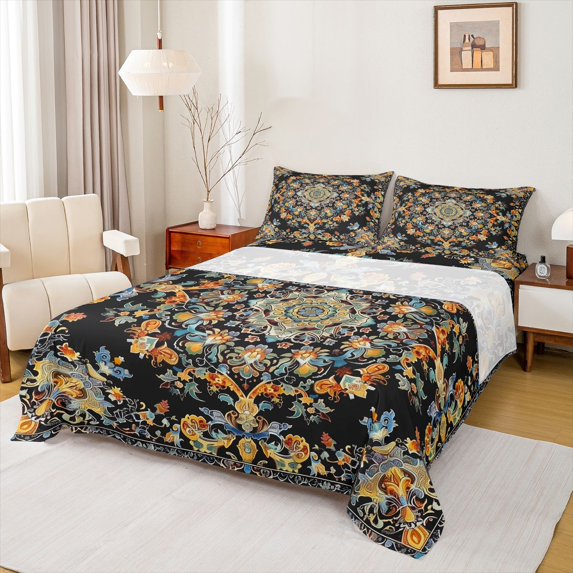 Castle Fairy Female Men Boho Mandala Full Size Sheets,Bohemian Chic Floral Bed Sheets