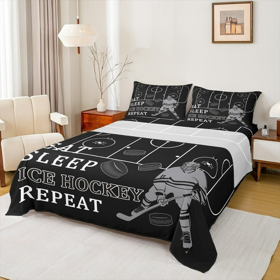Castle Fairy Female Men Eat Sleep Ice Hockey 4 Pieces Queen Sheet Sets,Sport Gaming Ultra Soft Flat Sheet,Ball Game Queen Fitted Sheet,Super Cozy Room Decor