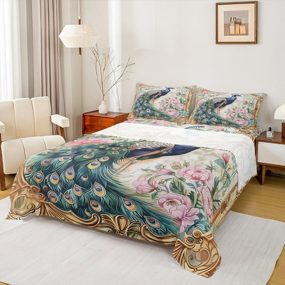 Castle Fairy Female Men Floral Peony Peacock 4pcs Bed Sheets,Retro Vintage Aesthetic King Sheets,Luxury Exotic Style Super Cozy Sheet Set,Ultra Soft Home Decor