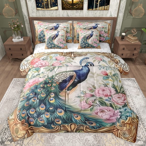 Castle Fairy Female Men Floral Peony Peacock Twin Bedding Sets 7-Piece,Retro Vintage Aesthetic Bedding Comforter Set Microfiber,Luxury Exotic Style Breathable Sheet Sets,Ultra Soft Home Decor