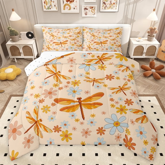 Castle Fairy Female Men Flying Dragonflies Twin Comforter Sets,Vintage Flower Bedding Set