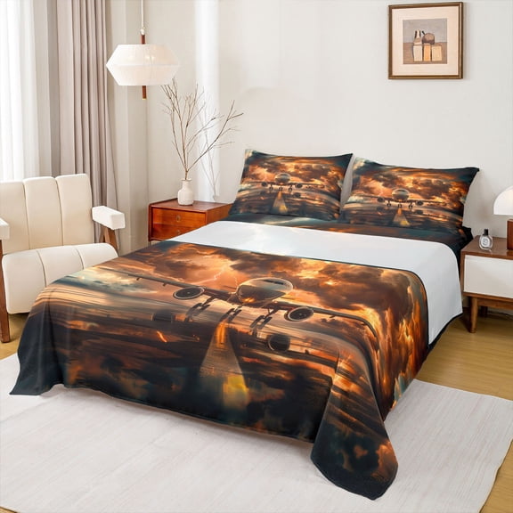 Castle Fairy Female Men Flying Plane Full Size Sheets,Transportation Bed Sheets
