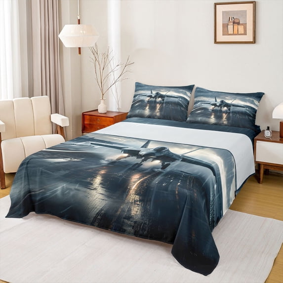 Castle Fairy Female Men Flying Plane Queen Sheet Sets,Transportation Bed Set