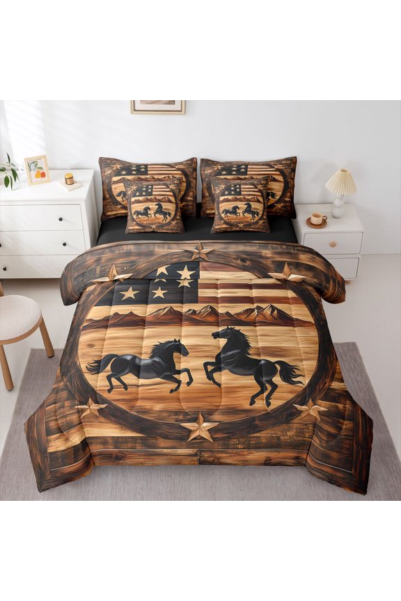 Female Men Galloping Horse Twin Bedding Sets,USA Flag Bedding Comforter Set