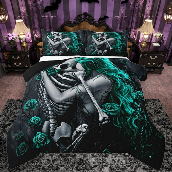 Castle Fairy Female Men Gothic Skeleton 3 Pieces Queen Comforter Set,Teal Floral Rose Ultra Soft Bedding Sets,Happy Valentine's Day Bedding Comforter Set Breathable,Ultra Soft Home Decor,Reversible