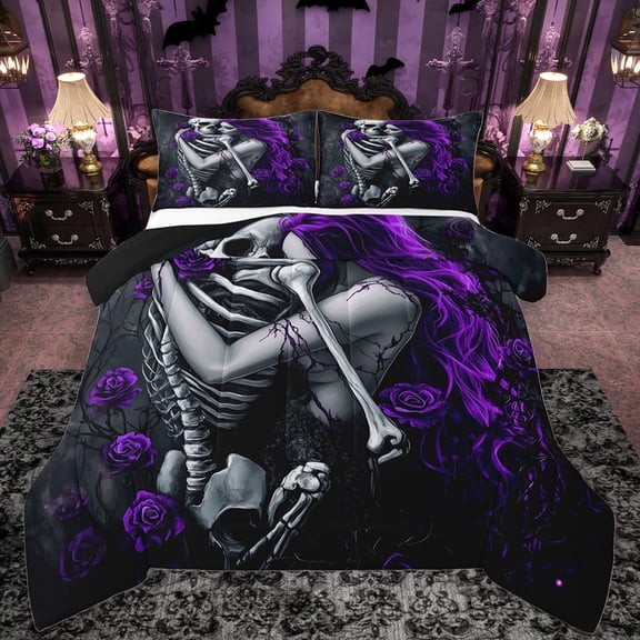 Castle Fairy Female Men Gothic Skeleton Bedding Comforter Set 2pcs,Purple Floral Rose Twin Comforter Sets Microfiber,Happy Valentine's Day Breathable Bedding Set,Ultra Soft Home Decor,Reversible