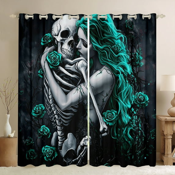 Castle Fairy Female Men Gothic Skeleton Curtains Pack of 2 (42x84 Each),Teal Floral Rose Curtains Blackout,Happy Valentine's Day Bedroom Curtains,Ultra Soft Home Decor