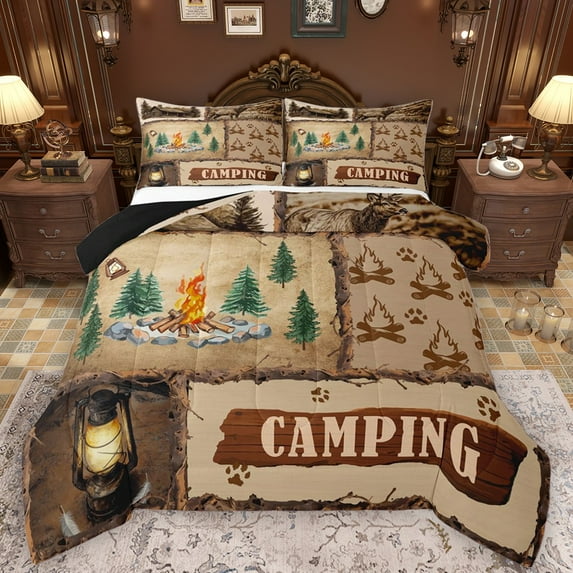 Castle Fairy Female Men Happy Camping Bedding Comforter Set 2pcs,Adventure Theme Twin Comforter Sets Microfiber,Vintage Cottage Breathable Bedding Set,Microfiber Bedroom Decor,Reversible