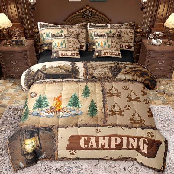 Castle Fairy Female Men Happy Camping Bedding Comforter Set 7pcs,Adventure Theme Queen Bedding Sets Super Cozy,Vintage Cottage Queen Sheet Sets,Microfiber Bedroom Decor,Reversible