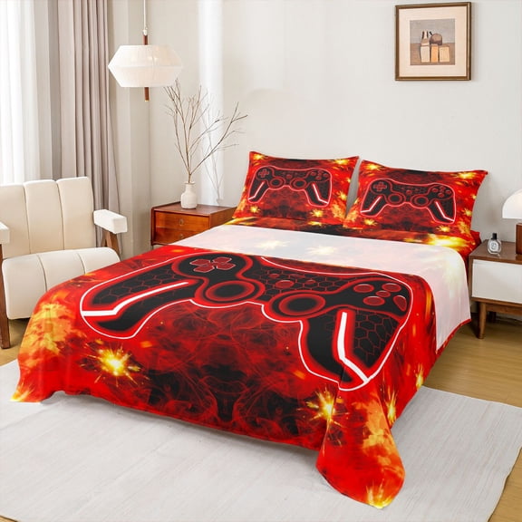Castle Fairy Female Men Honeycomb Gamepads Twin Sheet Sets,Abstract Gamer Bedding