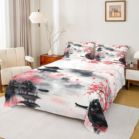 Castle Fairy Female Men Japanese Style Twin Sheet Sets,Oriental Sakura Bedding