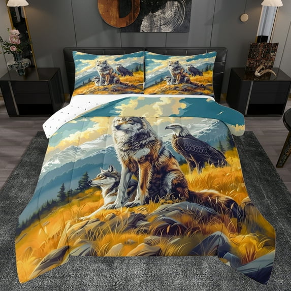 Castle Fairy Female Men Jungle Animal Wolves Eagle Bedding Comforter Set 2pcs,Woodland Wildlife Twin Comforter Sets Microfiber,Vintage Aesthetic Breathable Bedding Set,Super Cozy Room Decor