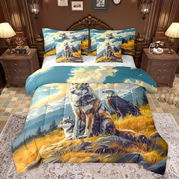 Castle Fairy Twin Size 7-Piece Jungle Animal Wolves Eagle Woodland Bedding Set