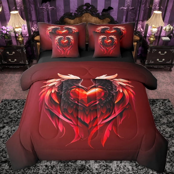 Castle Fairy Female Men Love Heart Print Twin Bedding Sets 7-Piece,Happy Valentine's Day Bedding Comforter Set Microfiber,Romantic Angel Wings Breathable Sheet Sets,Microfiber Bedroom Decor